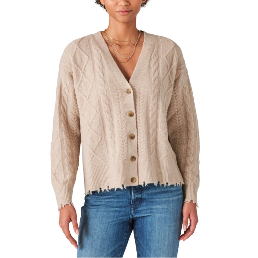 Lucky Brand Chunky Cable Knit Wool Blend Frayed Hem Tan Button Up Cardigan Top